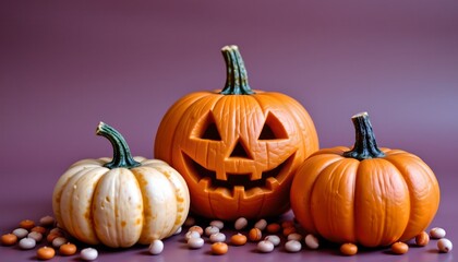 A festive Halloween display with three carved pumpkins prominently placed against a backdrop of candy corn
