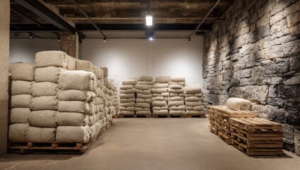 Warehousing interior, stacked bales of light-colored material