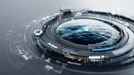A circular, futuristic interface displays a view of ocean waves through a complex, layered system of metallic components and digital information.