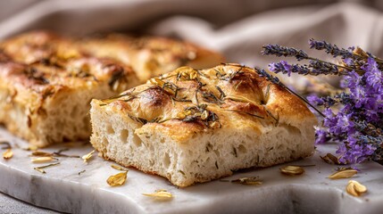 Sliced focaccia and bouquet of wheat, lavender, and golden petals, styled on aged marble