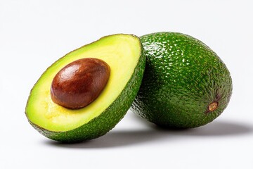 Two halves of a ripe avocado, vibrant green skin, and a brown seed visible within the fruit