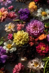 Colorful flowers, various types, floating in water