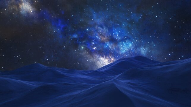 A serene night scene showcasing dark mountains under a starry sky filled with vibrant galaxies and cosmic colors.