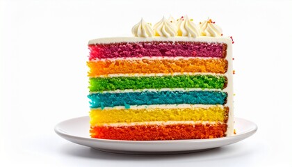 Slice of rainbow cake with seven vibrant layers—red to violet—frosted in white, topped with colorful swirls and sprinkles, festive and joyful presentation.