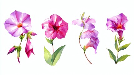 A collection of watercolor illustrations of pink flowers, showcasing different varieties and stages of bloom, with green leaves