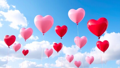 Heart-shaped red and pink balloons floating in bright blue sky with scattered clouds&mdash;festive, romantic scene full of joy and lightness.