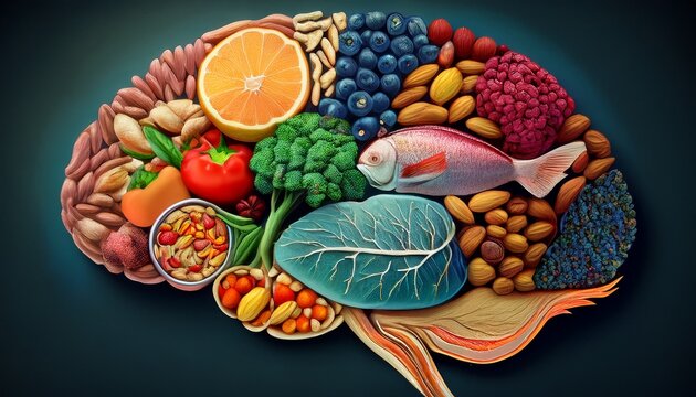 healthy brain food to boost brainpower nutrition concept with nuts fish vegetables and berries rich in omega 3 fatty acids for mind health composite image
