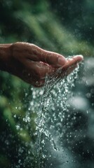 Mindful Nature Moment with Hand Touching Clear Water and Gentle Light