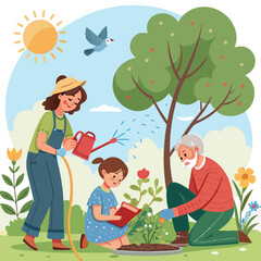 Vector art of a happy family gardening together in the garden with flowers, trees, and plants on a sunny day with a bird flying in the sky