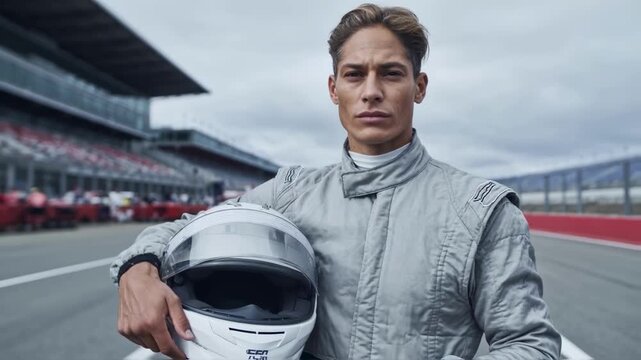 A portrait of a serious and confident race car driver in a professional suit holding a helmet on a racetrack, symbolizing determination, professionalism, and competition in motorsport