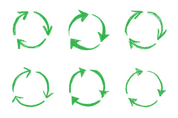 Set of hand drawn recycle arrow icon Recycling resources symbol Reuse of materials, zero waste, green environment, saving the planet