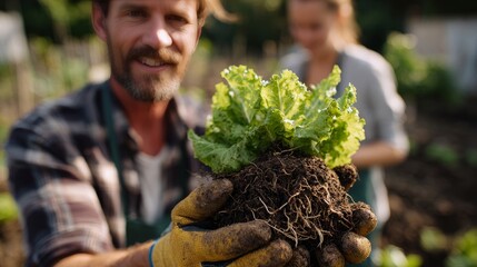 Sustainable Agriculture Scene Featuring Farmer Presenting Fresh Green Lettuce
