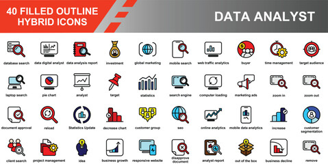 Data Analyst Icon Set – Business Analytics, Statistics, Marketing, SEO, Investment, Project Management, and Digital Strategy Symbols
