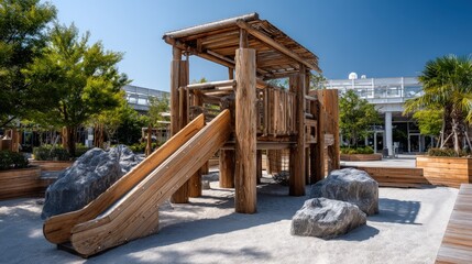 A wooden play structure with a slide, positioned amidst a landscaped courtyard.