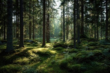 Obraz premium Sunlight filters through a dense forest of tall trees, illuminating mossy ground