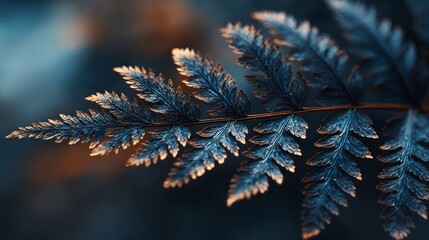 Close Up Fern Frond with Moist Texture and Dreamy Blue Bokeh Lighting