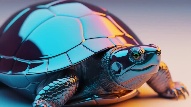 Close-up of an abstract turtle with a metallic shell on a gradient background with blue and orange hues.