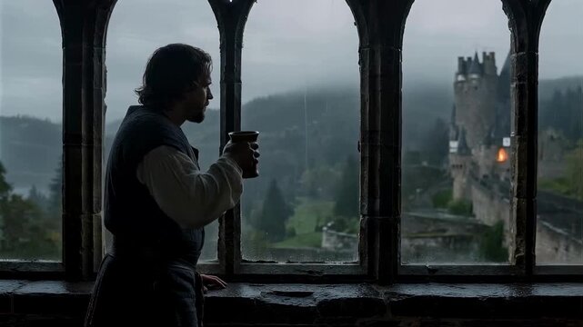 A man in medieval clothing holds a cup while looking out an arched window at a distant castle on a misty day, representing a concept of historical fantasy, solitude, and medieval life