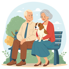 Vector art of senior couple sitting on a bench in the park with their beagle dog, enjoying a sunny day and each others company in retirement