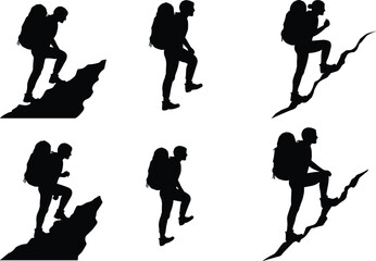 Silhouettes of Hiker Climbing Mountain, Outdoor Adventure, Trekking, Nature Exploration, Perfect for Hiking, Travel, and Exploration Themes