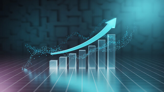 Blue financial bar chart with an upward arrow illustrates business growth and investment success - Powered by Adobe