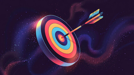 Hitting the bullseye, an arrow flies directly to the center of a target, symbolizing a perfect goal achieved with accuracy and success in business and sports