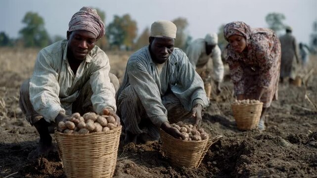 A group of african farmers harvests fresh potatoes from the soil, gathering the crop into wicker baskets, representing community, manual labor, and subsistence agriculture
