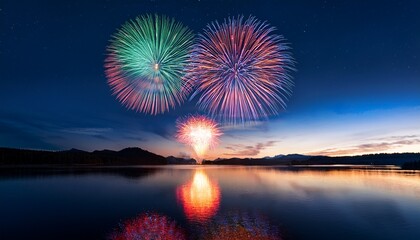 spectacular fireworks display over a calm lake at night