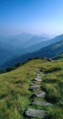 Fototapeta premium Mountain path through grassy meadow, with misty mountainscape background