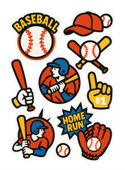 Colorful baseball stickers set with players, bat, ball, glove, cap, fan foam hand, and text Home Run. Sport icons collection.