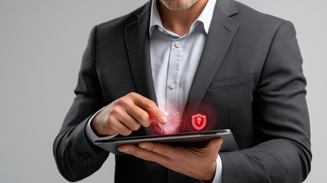 Businessman using tablet with digital security interface, showcasing modern technology and cybersecurity concepts - Powered by Adobe