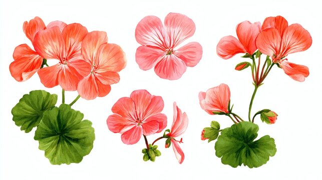 A collection of watercolor illustrations of pink geranium flowers and leaves