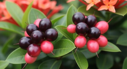 Obraz premium Close-up of vibrant Ixora flowers and contrasting Java Plum fruits showcasing natural beauty and