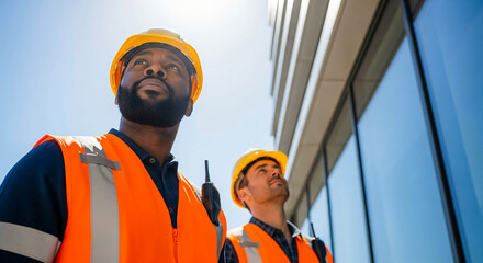 Construction Workers Inspecting Modern Building Facade on Sunny Day