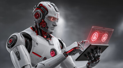 Futuristic robot interacts with digital interface, showcasing advanced technology and security features. design features sleek lines, red accents