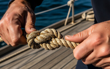 A close-up of strong hands tying a secure, heavy-duty knot in a thick, rustic rope on a boat or dock.