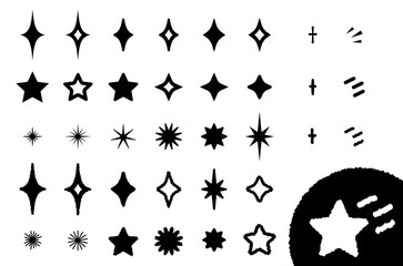 キラキラと光る星のパーツのモノクロイラストセット