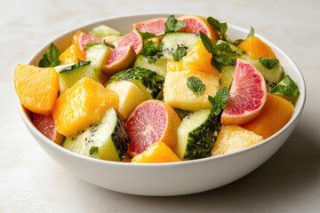 A vibrant fruit salad in a white bowl, featuring diced oranges, grapefruit segments, cucumber slices, pineapple chunks, and kiwi pieces, garnished with fresh mint leaves