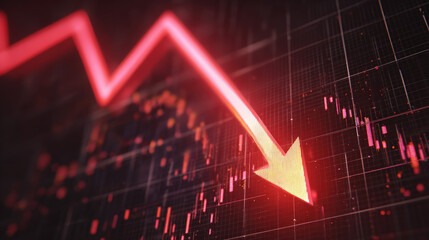 bold red downward sloping arrow on dark grid background with subtle data points dramatic glow financial crisis concept illustration concept scene visual for commercial design use high detail quality