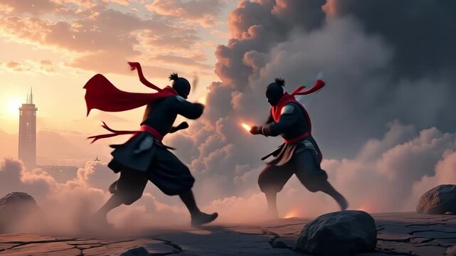 Two ninjas battling with swords and fire on a rocky landscape against a dramatic cloudy sky at sunset