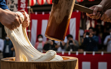 At a Japanese festival, a vendor uses a large wooden mallet to pound a sticky, stretchy mochi rice cake in a traditional mortar, a dynamic and cultural food-making performance.
