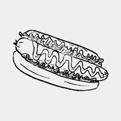 Hot dog design with sausage, salad leaf and sauces in brush stroke texture isolated on white. Hand drawn vector sketch illustration in vintage charcoal ink. Fast food design, street food poster, menu