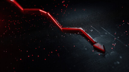 bold red downward sloping arrow on dark grid background with subtle data points dramatic glow financial crisis concept illustration concept scene visual for commercial design use high detail quality