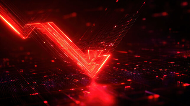 bold red downward sloping arrow on dark grid background with subtle data points dramatic glow financial crisis concept illustration concept scene visual for commercial design use high detail quality - Powered by Adobe