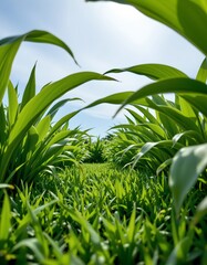 Obraz premium This image features a low angle view of a lush, green ground covered with dense grass, which appears soft and vibrant, Tall, broad leaves extend from the edges of the frame