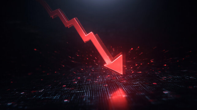 bold red downward sloping arrow on dark grid background with subtle data points dramatic glow financial crisis concept illustration concept scene visual for commercial design use high detail quality