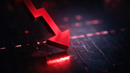 bold red downward sloping arrow on dark grid background with subtle data points dramatic glow financial crisis concept illustration concept scene visual for commercial design use high detail quality