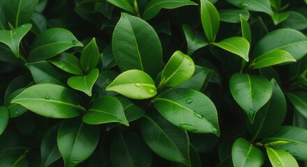 Obraz premium Lush green leaves with water droplets glistening, showcasing natural freshness and vitality