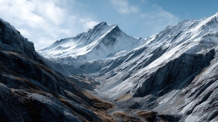 Fototapeta premium A breathtaking mountain vista showcasing snow-capped peaks and rugged, dramatic slopes.