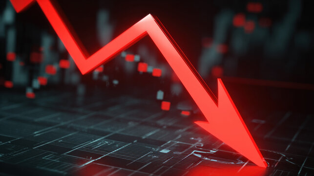 bold red downward sloping arrow on dark grid background with subtle data points dramatic glow financial crisis concept illustration concept scene visual for commercial design use high detail quality